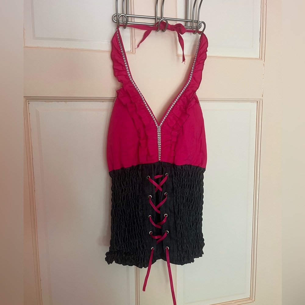 Pink and Black Lace-Up Top with sparkle accents and ruched waist